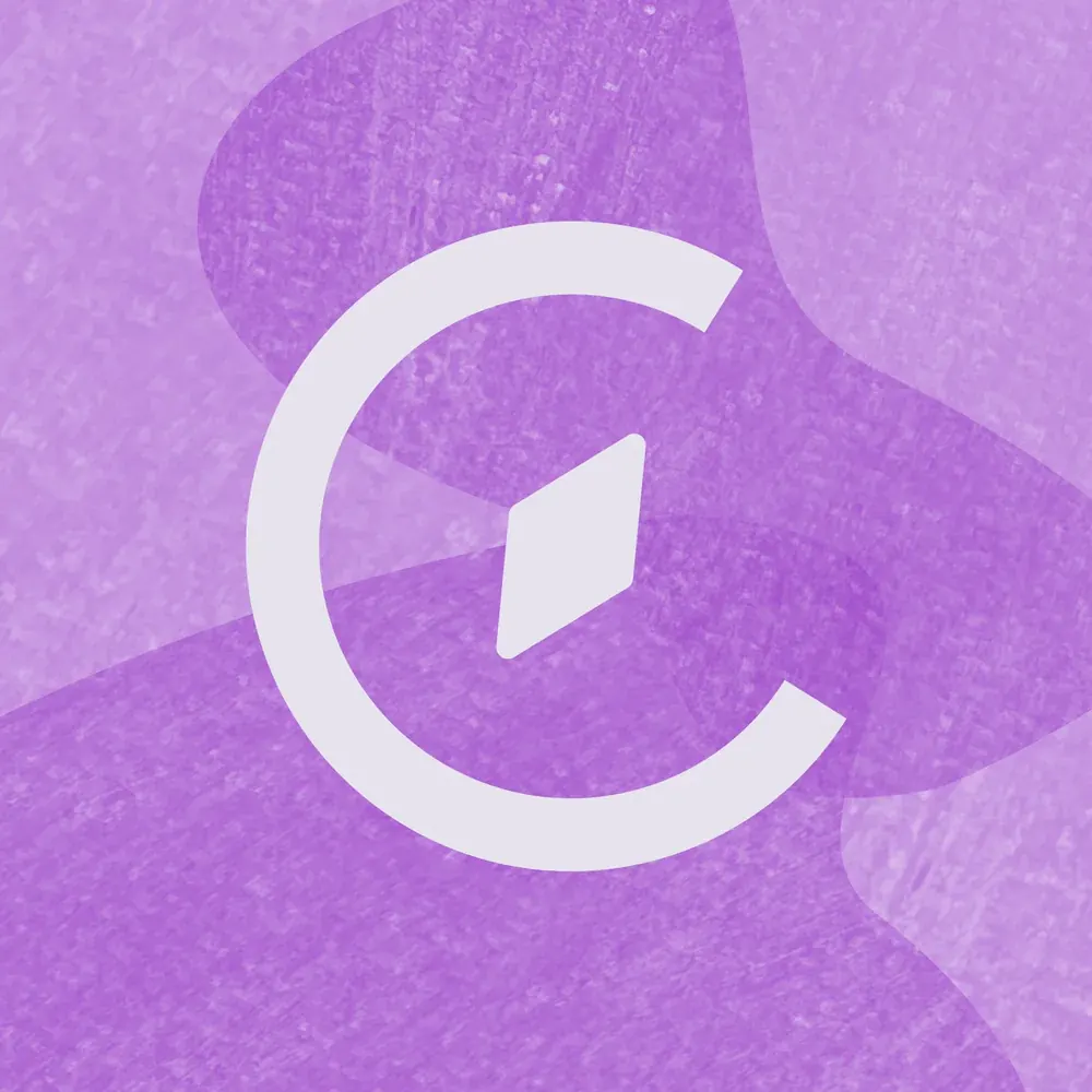 The Claro compass mark in lavender over overlapping textured purple blobs