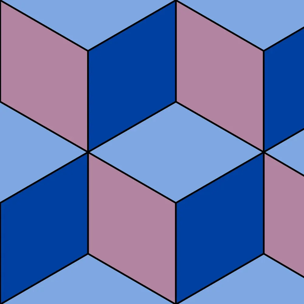 Close-up of the rhombille poster: pink, navy and light blue cubes