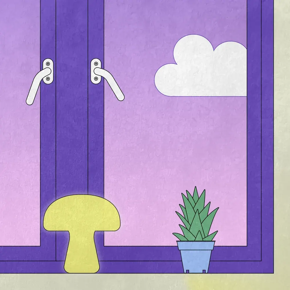 Close-up of the sunrise illustration: window handles, a white cloud, a yellow mushroom lamp and a potted plant on a purple window